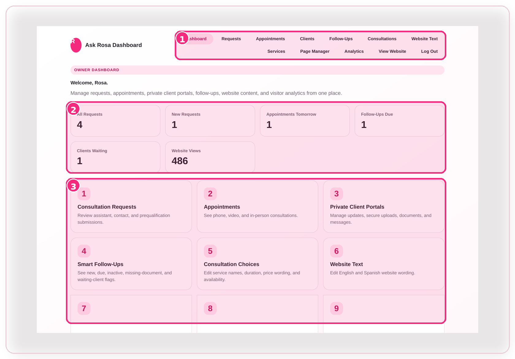 Ask Rosa client management dashboard preview